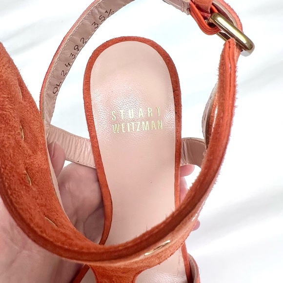 Stuart Weitzman Burnt Salmon Coral Suede Open Toe French Cuff Stiletto Heels - Picture 7 of 11